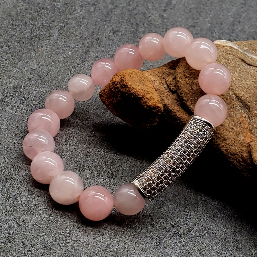 Genuine Rose Quartz Bracelet Platinum Pave Diamond Crystals